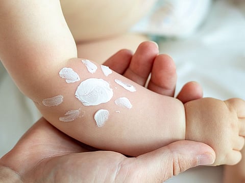 Mineral sunscreens are the best choice for babies. Choose one that's hypoallergenic, with a minimum of SPF30.