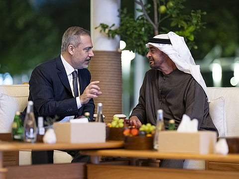 President His Highness Sheikh Mohamed bin Zayed Al Nahyan with Hakan Fidan, Minister of Foreign Affairs of Turkey, in Abu Dhabi