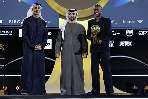 Real Madrid's Vinicius Jr received the Best Men's Player award from Sheikh Mansoor and Khalfan Belhoul, Vice-Chairman of Dubai Sports Council, during the Globe Soccer Dubai Awards on Friday.