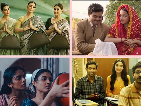 Clockwise from top left: Stills of Crew, Laapataa Ladies, 12th Fail and All We Imagine As Light