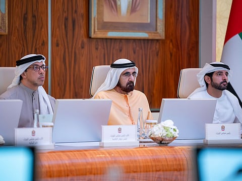 His Highness Sheikh Mohammed bin Rashid Al Maktoum, Vice President and Prime Minister of the UAE and Ruler of Dubai; Sheikh Mansour bin Zayed Al Nahyan, Vice President, Deputy Prime Minister, and Chairman of the Presidential Court; and Sheikh Hamdan bin Mohammed bin Rashid Al Maktoum, Crown Prince of Dubai, Deputy Prime Minister, and Minister of Defence, during the Cabinet meeting on Thursday in Abu Dhabi