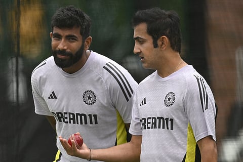 Indias head coach Gautam Gambhir (right) speaks with pace ace Jasprit Bumrah during a practice session ahead of the fifth Test against Australia in Sydney on Thursday.