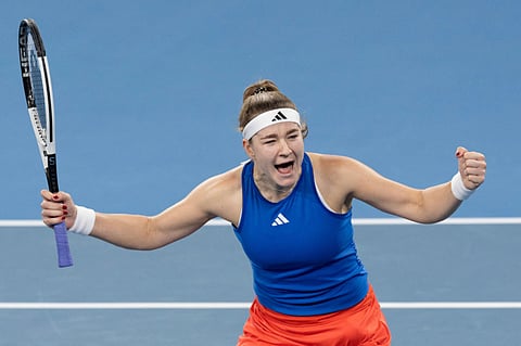Karolina Muchova of the Czech Republic celebrates after defeating Italys Jasmine Paolini in their womens singles quarter-finals of the United Cup in Sydney on Friday.