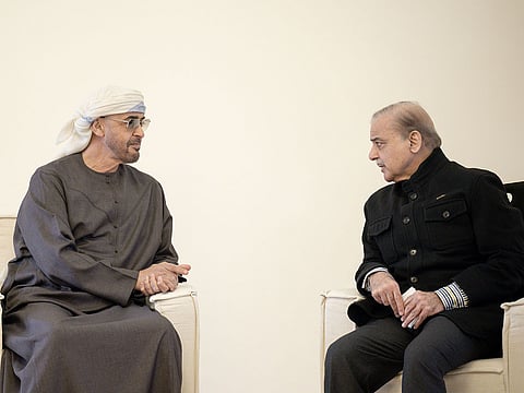 President His Highness Sheikh Mohamed bin Zayed Al Nahyan with Muhammad Shehbaz Sharif, Prime Minister of Pakistan, on Sunday in the city of Rahim Yar Khan in Pakistan
