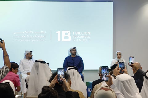 Mohammad Al Gergawi, Minister of Cabinet Affairs (C); Saeed Al Eter, Chairman of UAE Government Media Office (L); and Alia Al Hammadi, Vice Chairperson of UAE Government Media Office during the press conference in Dubai on Tuesday