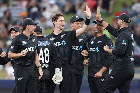 New Zealands Matt Henry (centre) celebrates the wicket of Sri Lankas Avishka Fernando during the second One-Day International cricket match at Seddon Park in Hamilton on Wednesday.
