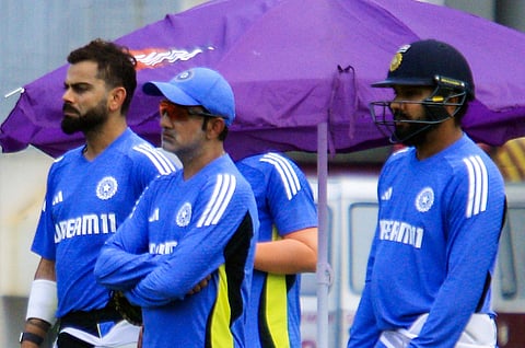 Indian cricket team Head coach Gautam Gambhir (centre) with captain Rohit Sharma and Virat Kohli during a practice session. The embattled trio is expected to go ahead without any consequences for the recent failures.