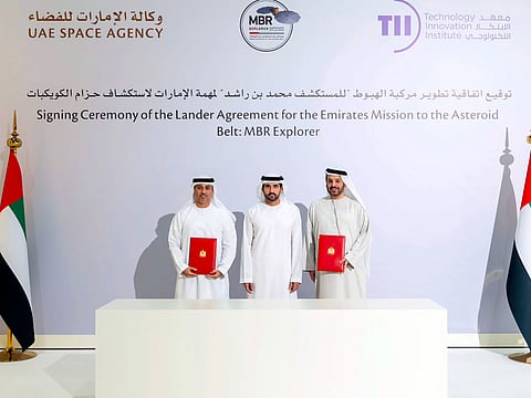 Sheikh Hamdan bin Mohammed bin Rashid Al Maktoum today oversaw the signing of an agreement to develop the MBR Explorer’s lander for the Emirates Mission to the Asteroid Belt (EMA).