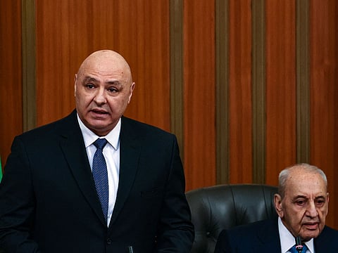 Newly-elected Lebanese president Joseph Aoun (left) addresses parliament on January 9, 2025. Beside him is parliament speaker Nabih Berri.