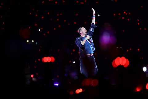 Frontman Chris Martin during Coldplay's first of four concerts in Abu Dhabi, January 9, 2025.