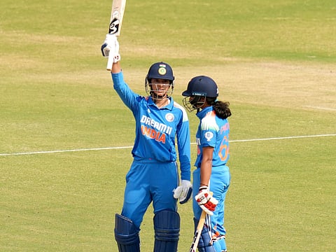 Indian skipper Smiriti Mandhana celebrates after scoring the century against Ireland in Rajkot on Wednesday.