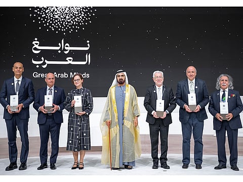 His Highness Sheikh Mohammed bin Rashid Al Maktoum, Vice President and Prime Minister of the UAE and Ruler of Dubai, with Great Arab Minds award winners Architect Sahel Al Hiyari, Architect and Urban Designer, Professor Omar Yaghi, Professor of Chemistry, Professor Yasmine Belkaid, President of Institut Pasteu,  at the University of California, Berkeley, Professor Oussama Khatib, Professor of Computer Science and Director of the Robotics Laboratory at Stanford University, Professor Yacine Aït-Sahalia, Professor of Finance and Economics at Princeton University and Artist Dia Al-Azzawi, Visual Artist specializing in contemporary Arab Art.