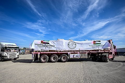 A convoy of trucks with flour and bakery supplies was delivered to Gaza to help bakeries restart.