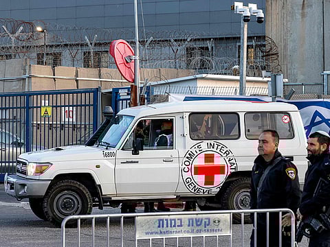A vehicle of the International Committee of the Red Cross (ICRC) arrives outside Ofer military prison, located between Ramallah and Beitunia in the occupied West Bank, on January 19, 2025.