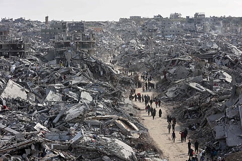 This aerial view shows war-devastated Jabalia in the northern Gaza Strip on January 19, 2025, shortly before a ceasefire deal in the war between Israel and the Palestinian militant group Hamas was implemented.