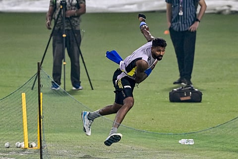 India's Hardik Pandya bowls at the nets during a practice session ahead of the first Twenty20 match against England at the Eden Gardens in Kolkata on Monday.