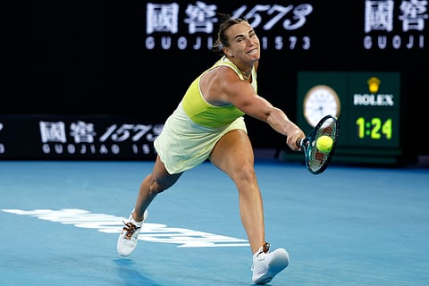 Belarus' Aryna Sabalenka hits a return against Russias Anastasia Pavlyuchenkova during their women's singles quarter-final match at the Australian Open tennis tournament in Melbourne on Tuesday.