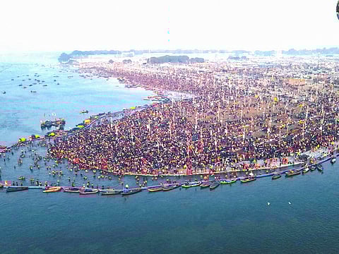 An aerial view of the devotees taking a dip at Triveni Sangam during the ongoing Maha Kumbh 2025, in Prayagraj on Monday, January 20.