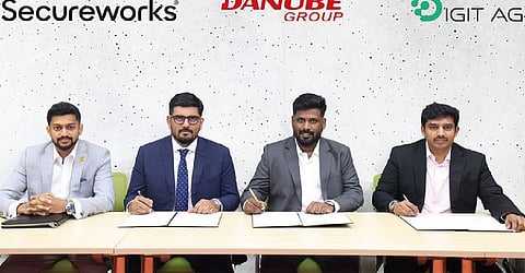From left: Laxmi Chander Srinivasan, Territory Manager UAE, Secureworks; Gopan Sivasankaran, General Manager META, Secureworks; Divin Santhajan, Head of Information Security, Danube Group; and Sathish Kumar, VP Sales – MEA, Digit AG at the signing ceremony