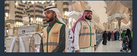 Volunteers guide worshippers in the Prophet's Mosque in Medina.