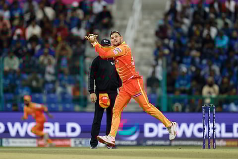 Gerhard Erasmus of Gulf Giants takes a catch during the match against MI Emirates in the DP World International League T20 at the Zayed Cricket Stadium, Abu Dhabi on January 25.
