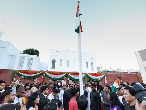 Satish Kumar Sivan, Consul General of India in Dubai, and other Indian expats at the 76th Republic Day flag hoisting ceremony in Dubai on Sunday.