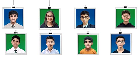 TALLENTEX Overseas 2025 GCC Rank 1 holders: From left to right Row 1 (Grade XI to IX ) - Bhawya Manchanda (XI - JEE | Kuwait), Riti Mitesh Patel (XI - NEET | Oman), Shashwat Singh (OMAN), Tejesh Vijayabhaskar (UAE); from left to right Row 2 (Grade VIII to V) Anshuman Rath (UAE), Phani Sai Thaman Sankilisetty (Oman), Swagath Krishna Rajesh Kumar (UAE), Izaan Ahmad (UAE)
