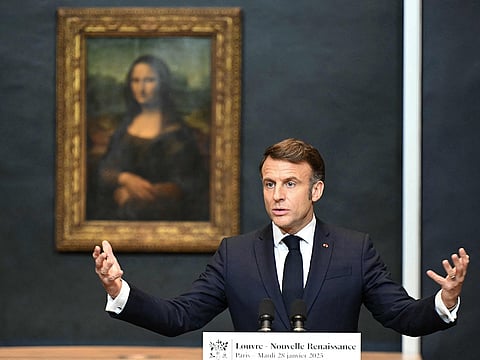 France's President Emmanuel Macron gives a speech in front of the painting "La Joconde" (the Mona Lisa) by Italian artist Leonardo Da Vinci at the Louvre Museum in Paris on January 28, 2025.