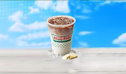 Krispy Kreme's new White Chocolate Frappe with whipped cream and chocolate syrup.