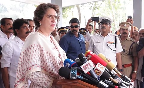 Priyanka Gandhi addresses the media after visiting the home of Kerala tiger attack victim