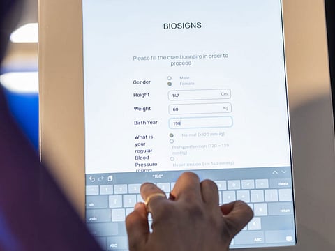 Biosigns allows smartphone cameras to measure vital signs by analysing facial images to detect subtle changes in skin colour and blood flow beneath the skin. Seen here is patient data being entered into a mock-up display of Biosigns at the MoHAP’s pavilion at Arab Health 2025, which concluded in Dubai on Thursday.