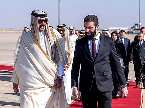 Qatar's Emir Sheikh Tamim bin Hamad Al Thani was received by Syria's interim president Ahmed Al Sharaa, in Damascus on January 30, 2025.
