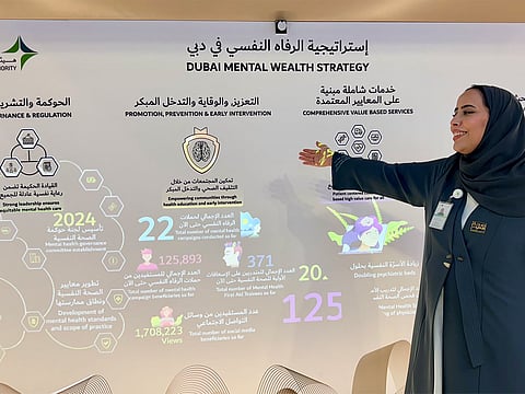 Dr Maryam Thani Al Mheiri explaining the new initiatives under Dubai’s Mental Wealth Strategy during Arab Health 2025.
