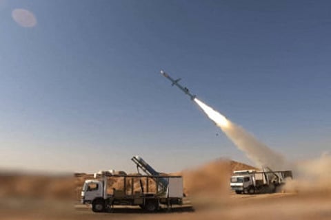 This handout photo provided by Iran's Revolutionary Guard Corps (IRGC) official website Sepah News on February 1, 2025, shows a test launch during the unveiling of the Ghadr-380 naval cruise missile in an undisclosed location in Iran.