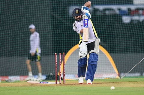 Indias captain Rohit Sharma bats during a practice session at Vidarbha Cricket Association Stadium in Nagpur on Wednesday.