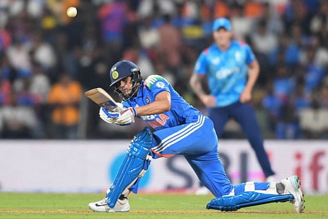 India's Shubman Gill sweeps one to the fence during the first One-Day International cricket match against England at the Vidarbha Cricket Association Stadium in Nagpur on February 6.