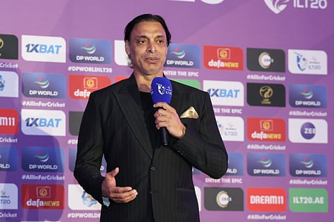 Shoaib Akhtar, Brand Ambassador of DP World International League T20 addresses the gathering during the press conference at the Dubai International Cricket Stadium, Dubai.