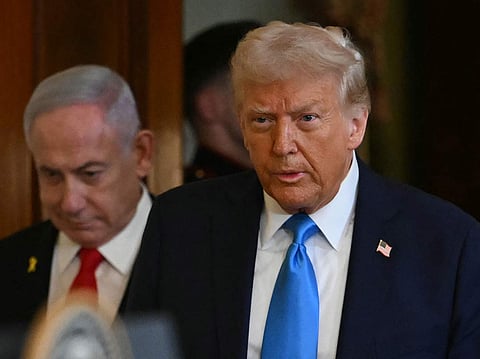 US President Donald Trump and Israel's Prime Minister Benjamin Netanyahu arrive to hold a press conference in the East Room of the White House in Washington, DC, on February 4, 2025.