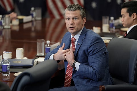 US Secretary of Defense Pete Hegseth speaks as he welcomes Australian Deputy Prime Minister and Defense Minister Richard Marles to the Pentagon for talks in Washington, DC, on February 7, 2025.