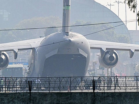 A US Air Force C-17 Globemaster III aircraft carrying undocumented Indian migrants deported by the US at Sri Guru Ram Dass Jee International Airport in Amritsar, Punjab, India, on Wednesday, Feb. 5, 2025.