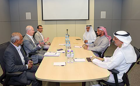Sheikh Abdulla Bin Mohammed Bin Butti Al Hamed, Dr Jamal Mohammed Obaid Al Kaabi and Mohamed Aldhuhoori holds talks with Gulf News delegation, led by Steve Auckland, at the Gulf News Office in DIP2 on Thursday