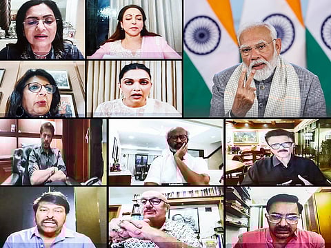 India’s Prime Minister Narendra Modi chairs a meeting of the Advisory Board of WAVES via video conference to position India as a global entertainment hub in the world, in New Delhi on Friday. PM interacts with actors Rajinikanth, Shah Rukh Khan, Anupam Kher, Deepika Padukone, Anil Kapoor, Chiranjeevi, Hema Malini and others also present.