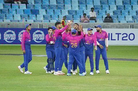 UAE players celebrate a wicket during the ILT20 Gulf Championship 2024 final against Kuwait in Dubai in December.