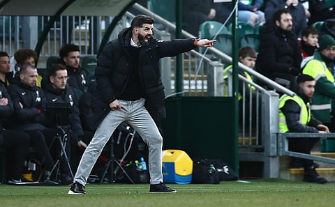 Plymouth's Bosnian-born Austrian head coach Miron Muslic shouts instructions to the players from the touchline during the English FA Cup fourth round football match against Liverpool at Home Park in Plymouth on February 9.