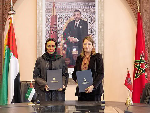 Khoula Al Mujaini, Director of Events and Marketing at the Sharjah Book Authority (SBA), and Latifa Moftaqir, General Coordinator of RIBF and Director of the Moroccan Archives Foundation, after signing the agreement.