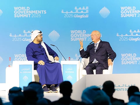 Mohammad Al Gergawi, UAE's Minister of Cabinet Affairs, and Chairman of the World Governments Summit Organisation with Klaus Schwab, Executive Chairman, World Economic Forum, during a session at World Government Summit 2025.