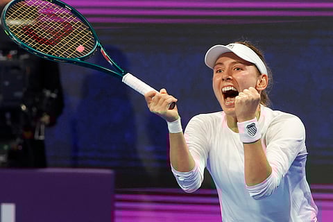 Russia's Ekaterina Alexandrova celebrates after defeating Belarusia's Aryna Sabalenka during their 2025 WTA Qatar Open match at the Khalifa International Tennis Complex in Doha on February 11.