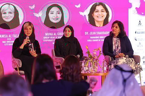 From left to right: Shamsa Al Falasi, CEO of UAE Onshore at Citi Bank; Muna Al Ghurair, Group Head of Marketing & Corporate Communications at Mashreq; and Dr. Jean Shahdadpuri, Managing Director of Nikai Group of Companies