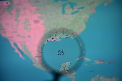 This photo illustration shows the Gulf of Mexico branded as Gulf of America displayed on the Google Maps on a computer screen on February 11, 2025, in Bogota, Colombia.