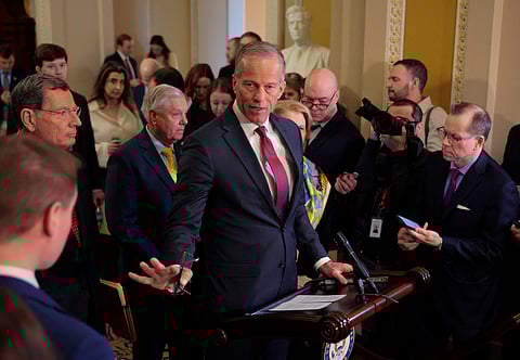 US Senate Majority Leader John Thune delivers remarks following the weekly policy luncheon at the US Capitol on February 11, 2025 in Washington, DC. Congressional Republicans applauded the work of Elon Musk and the Department of Government Efficiency (DOGE) saying their work will be turned into real legislation.